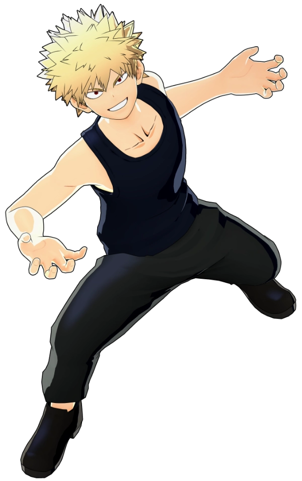 A character in a black tank top and pants, arms outstretched, with a confident expression and spiky hair