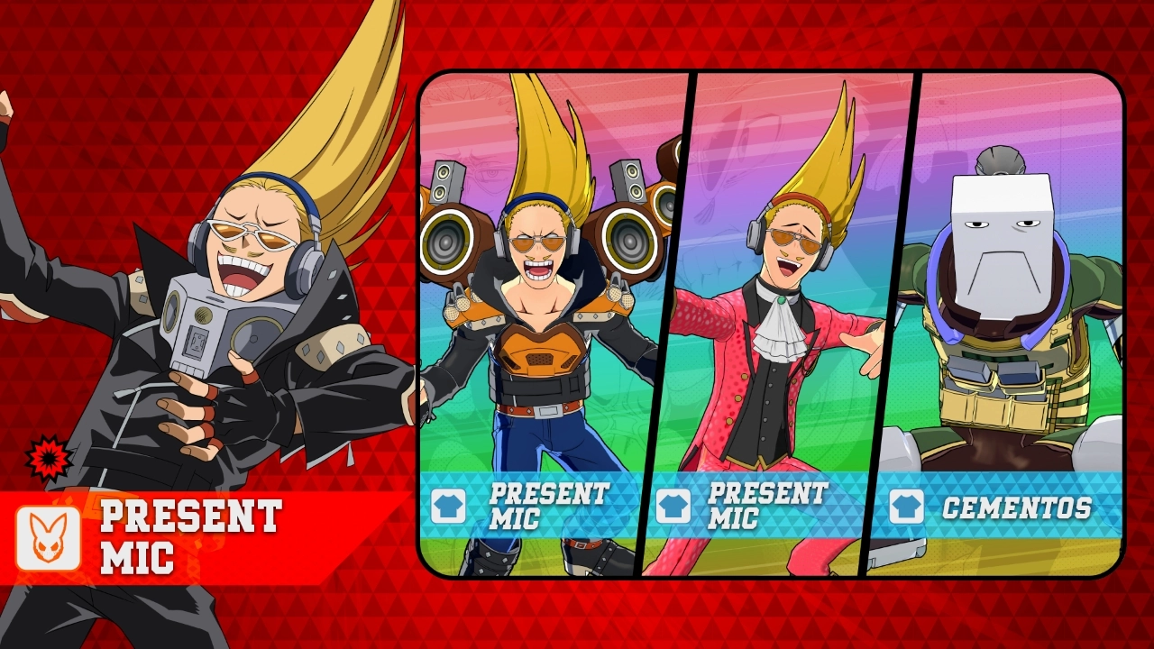 Three characters with vibrant outfits and dynamic poses against colorful backgrounds, labeled Present Mic and Cementos