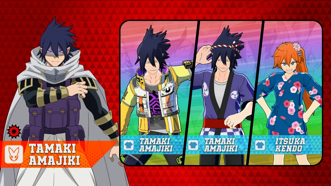 Tamaki Amajiki in various costumes, including a traditional outfit and a colorful floral shirt, on a vibrant background