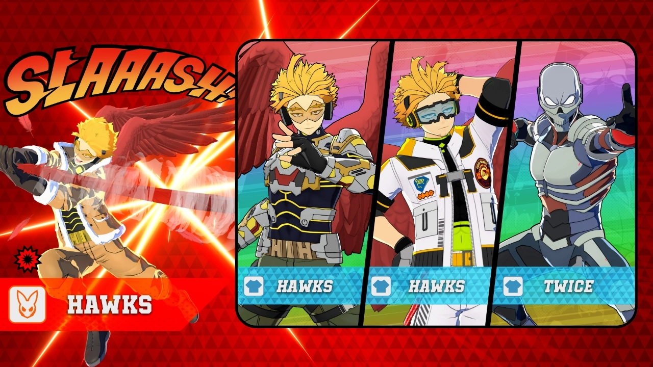 Hawks character in three different costumes with dynamic poses, set against a vibrant red background