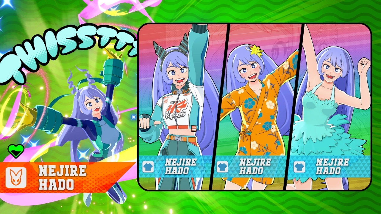 Nejire Hado showcased in various vibrant costumes, each highlighting her energetic and dynamic persona