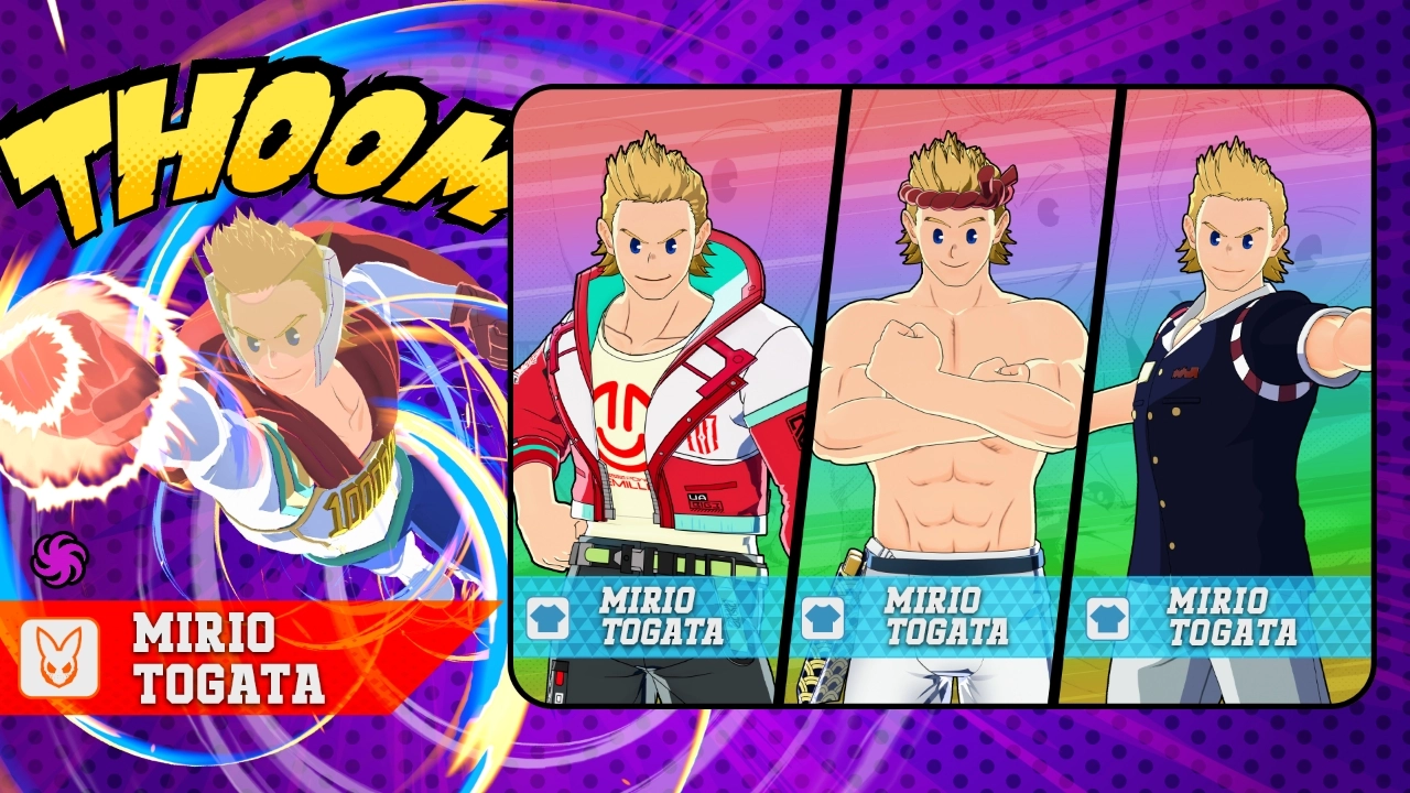 Fumikage Tokoyami in various outfits with Dark Shadow, showcasing new Season 15 costumes and abilities