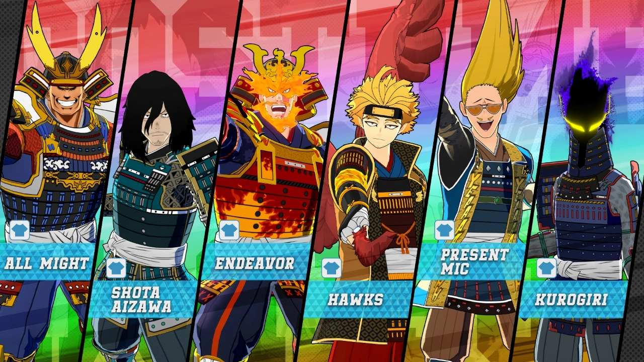 Characters in vibrant samurai armor pose dynamically against a colorful background, showcasing new costumes