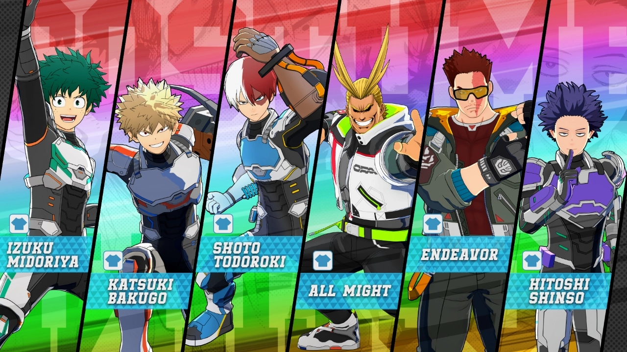 Six characters from Class 1-A and heroes in colorful costumes, ready for battle in Season 15 update