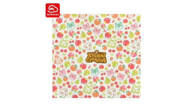 Colorful Animal Crossing-themed bandana with character and fruit patterns, My Nintendo logo at the top