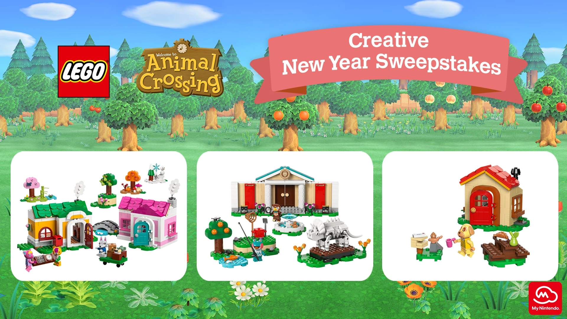 LEGO Animal Crossing sets displayed in a vibrant forest scene, featuring creative house designs