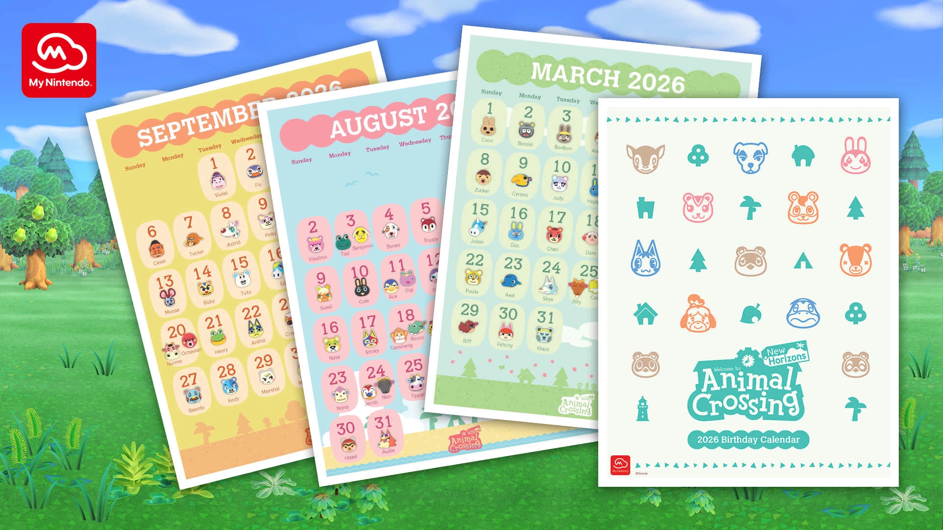 Four colorful Animal Crossing-themed calendars for 2026 displayed against a scenic background