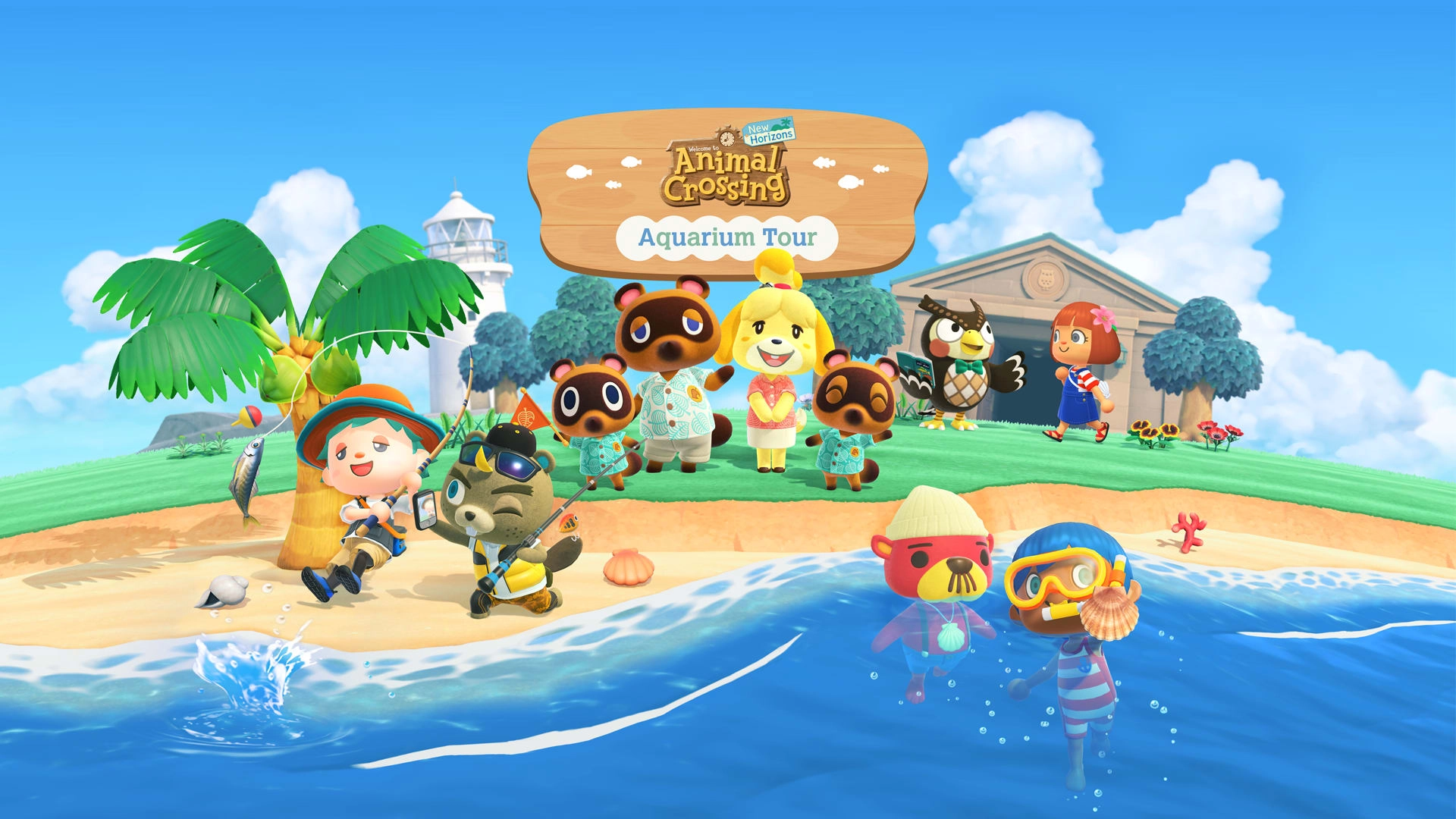 Animal Crossing characters enjoying a beach day with a lighthouse and museum in the background