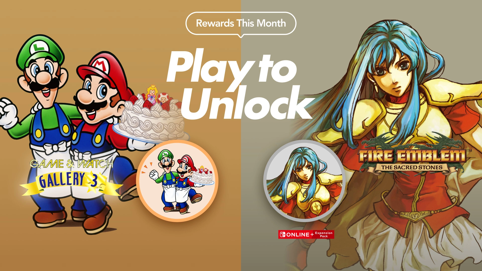 Mario and Luigi celebrating with cake, alongside Fire Emblem character, promoting Nintendo rewards
