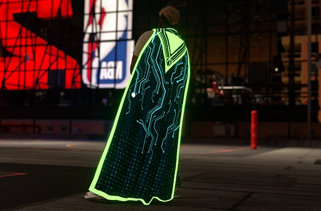 A basketball player wearing a futuristic neon cape stands on an outdoor court, ready for NBA 2K26 action