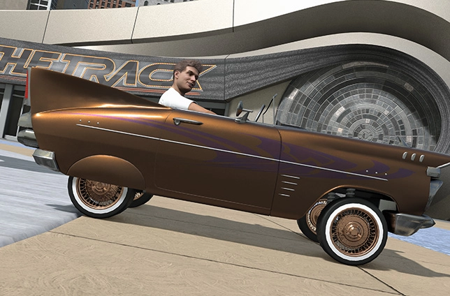 A player drives a vintage-style car in NBA 2K26's The City, showcasing customization and style options