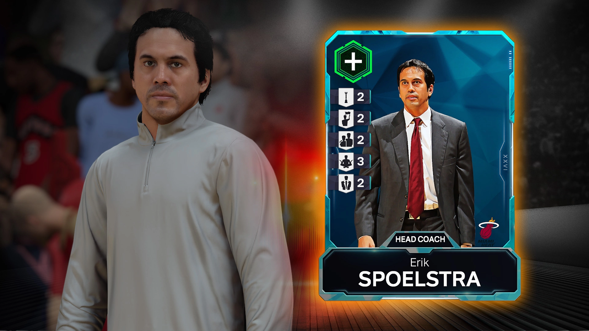 A digital card of NBA 2K26 featuring a head coach in a suit, highlighting coaching stats and abilities