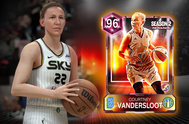 Basketball player holding a ball next to a digital card featuring Courtney Vandersloot, Season 2 rewards