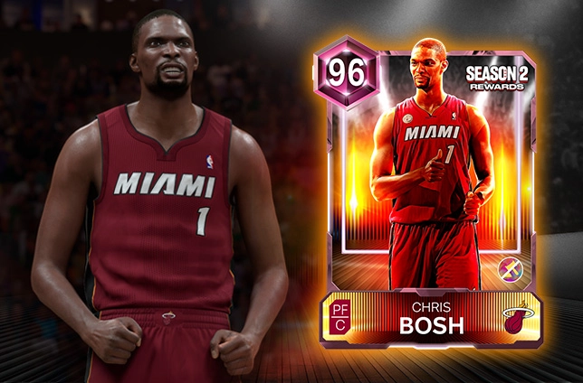 Chris Bosh in Miami Heat jersey next to his NBA 2K26 Season 2 MyTEAM card with 96 rating