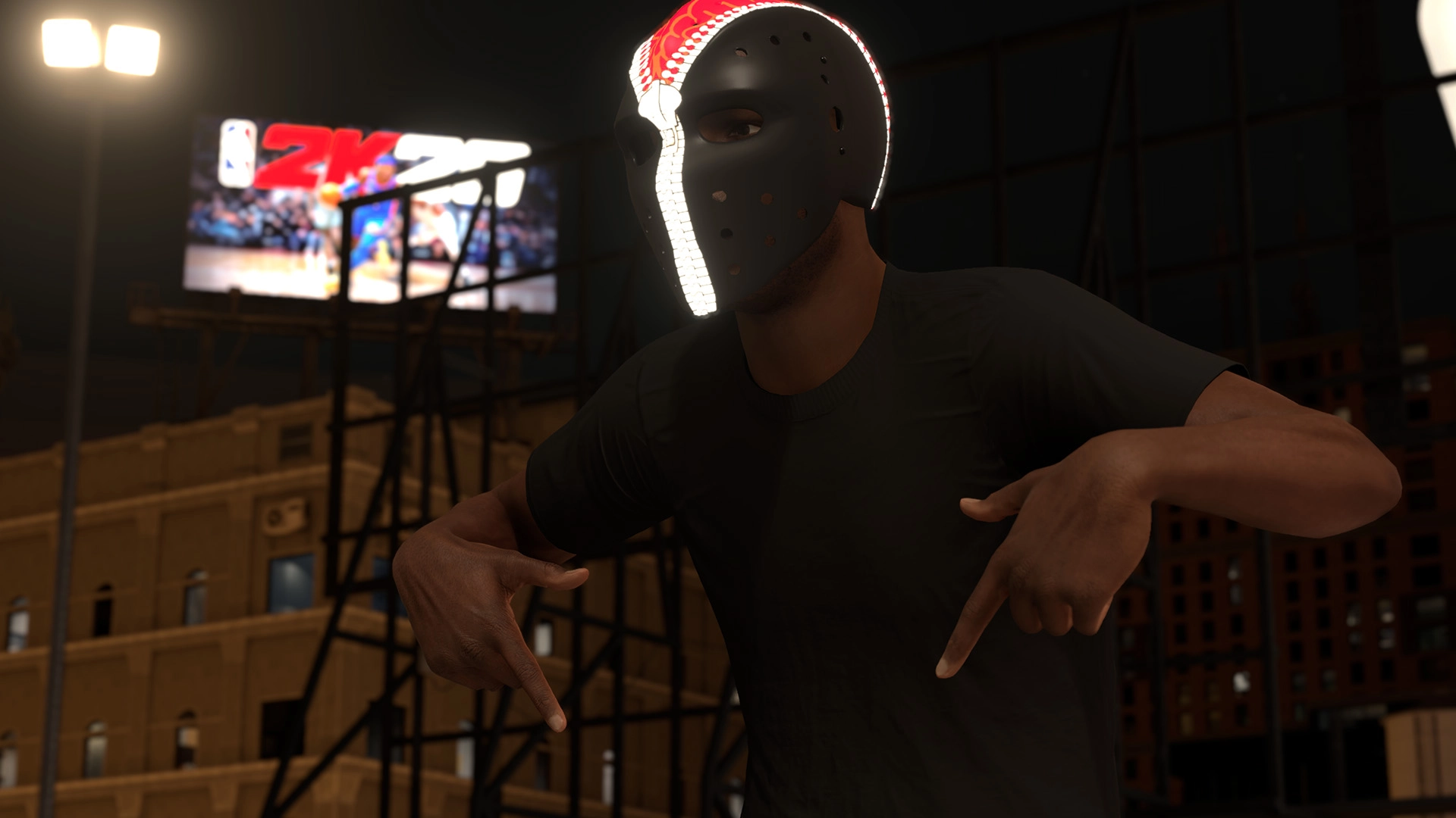 Basketball player wearing a glowing mask points downward, with a 2K26 billboard in the background