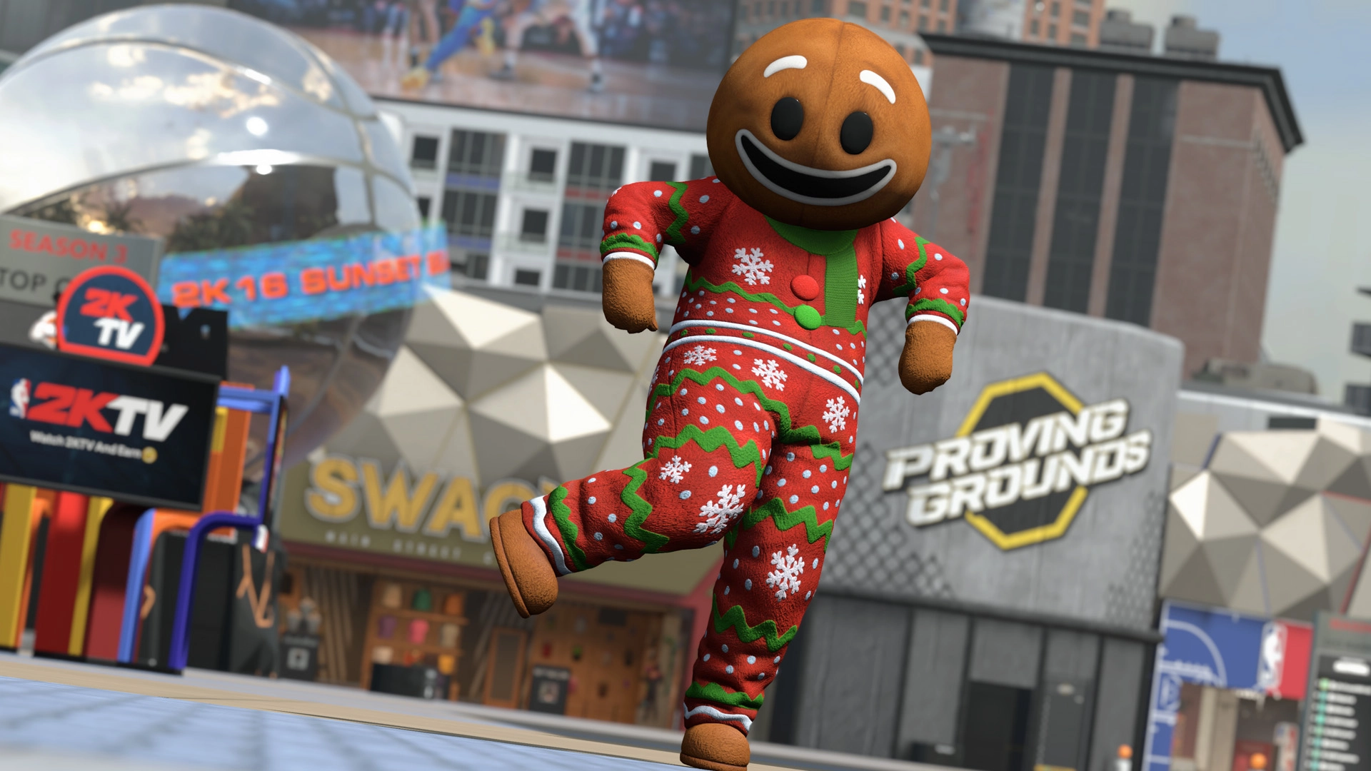 Gingerbread character in festive attire running through NBA 2K26's vibrant cityscape during Season 3 events