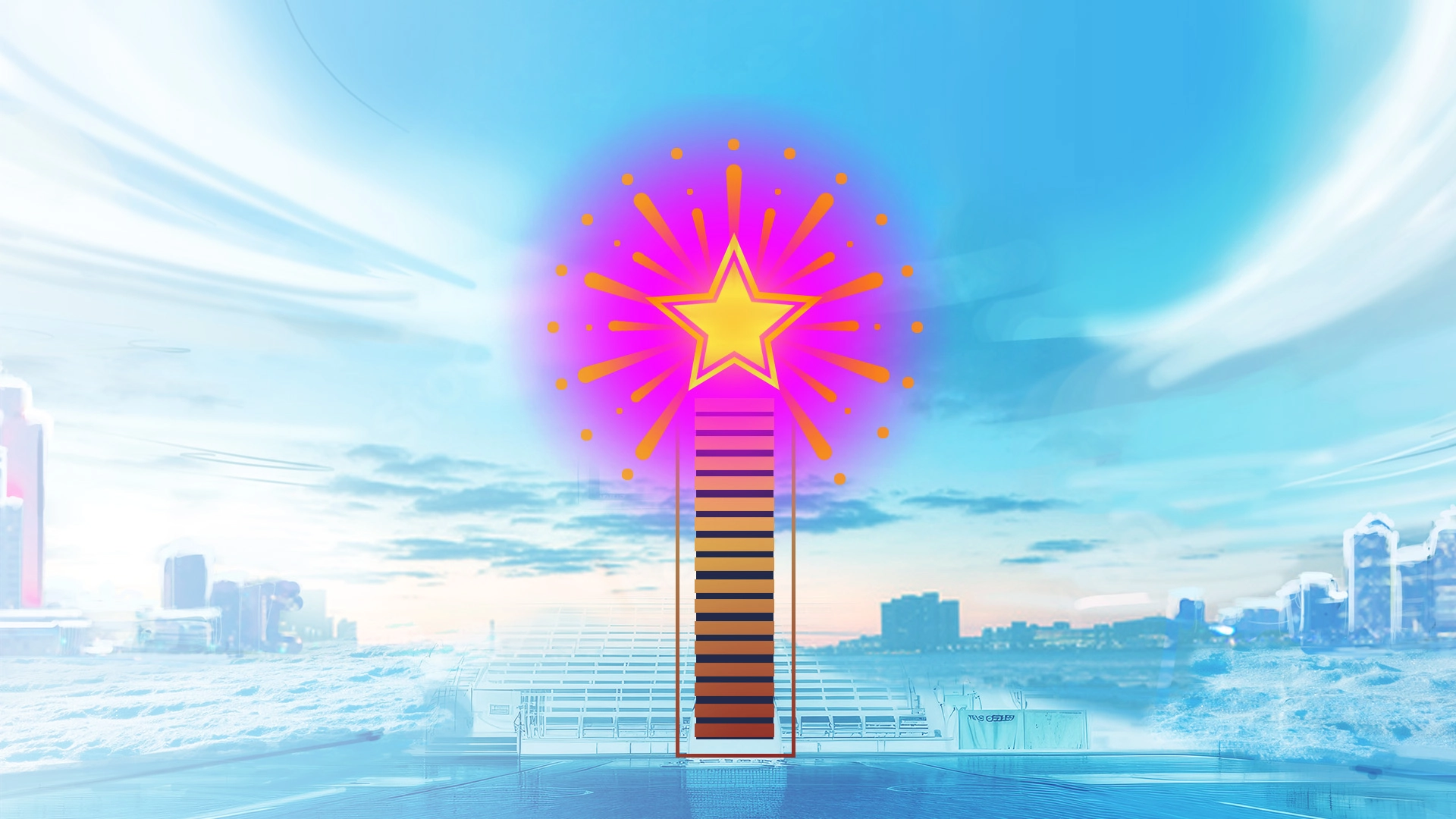 A vibrant star atop a colorful tower against a city skyline, symbolizing NBA 2K26 Season 3 excitement