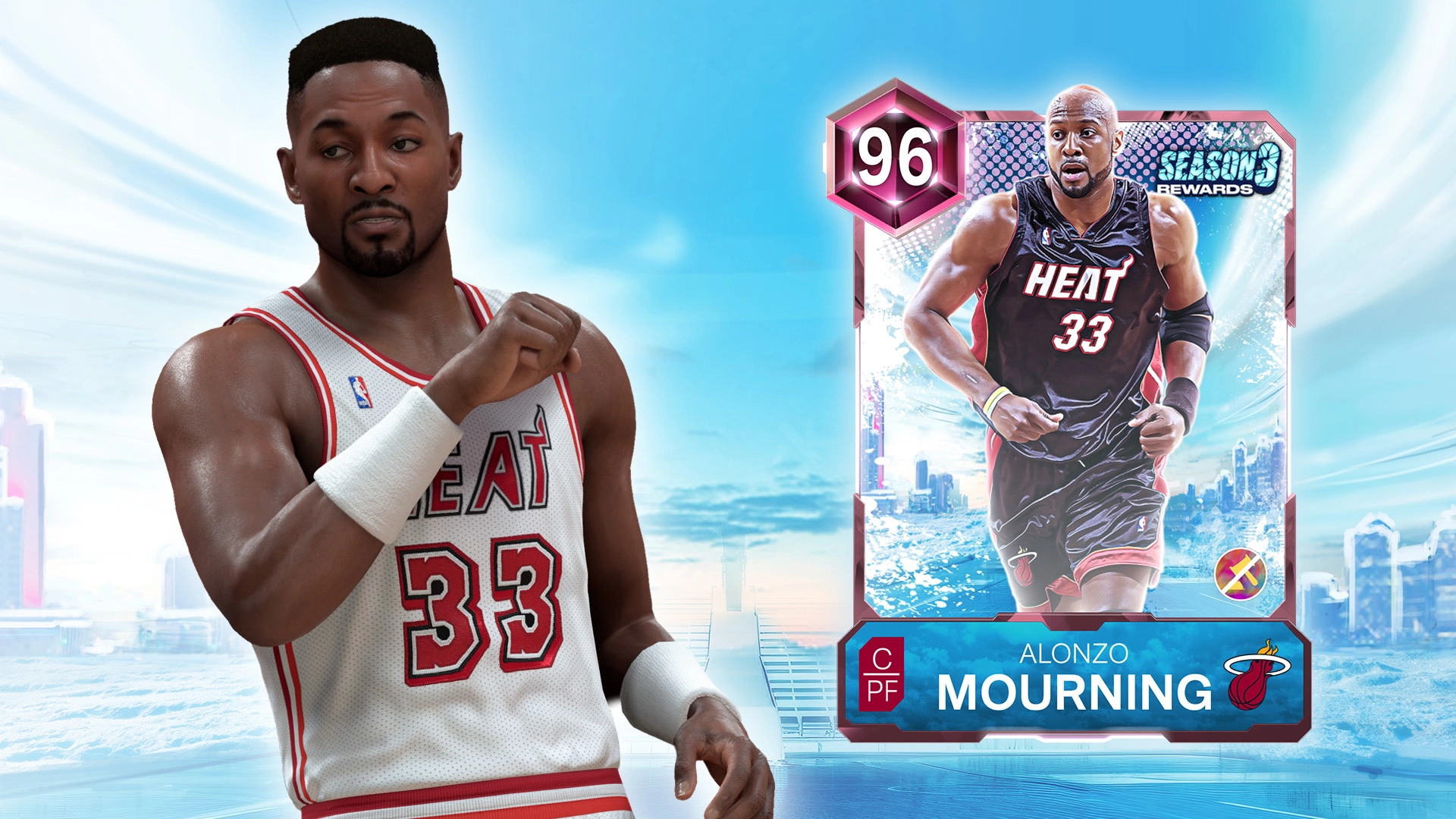 Basketball player in Miami Heat jersey next to a digital card featuring Alonzo Mourning in NBA 2K26 Season 3