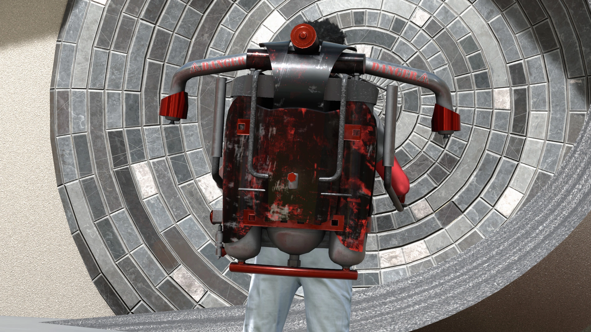 Person wearing a futuristic jetpack stands in front of a large, spiral-patterned wall