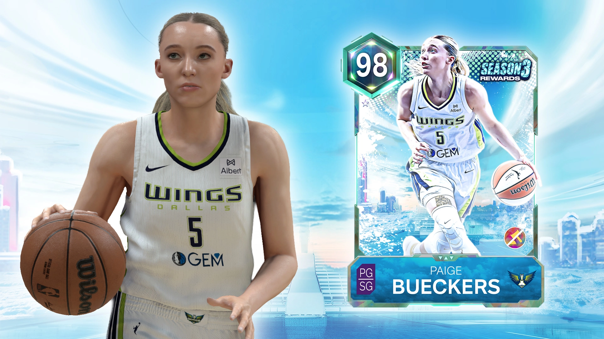 Dallas Wings player dribbling basketball, with a Season 3 MyTEAM card featuring Paige Bueckers