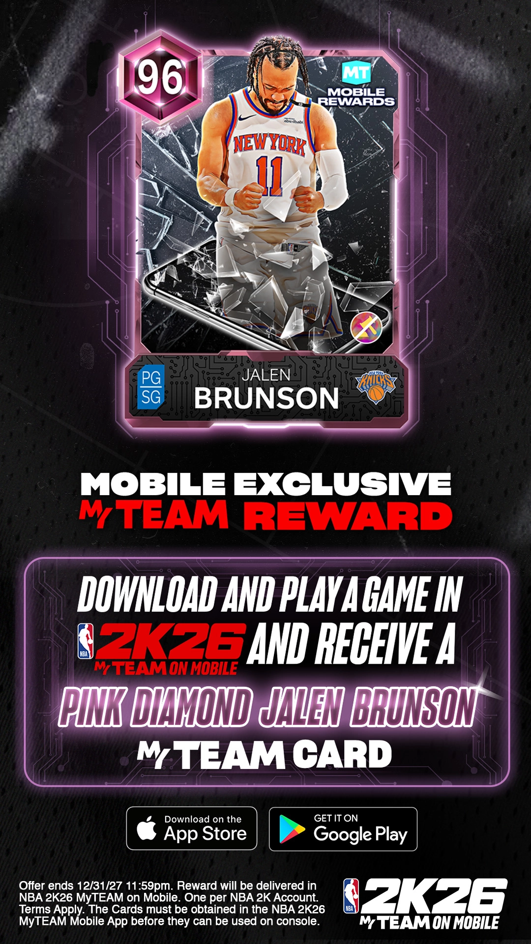 NBA 2K26 MyTEAM card featuring Jalen Brunson, showcasing mobile exclusive rewards and gameplay options