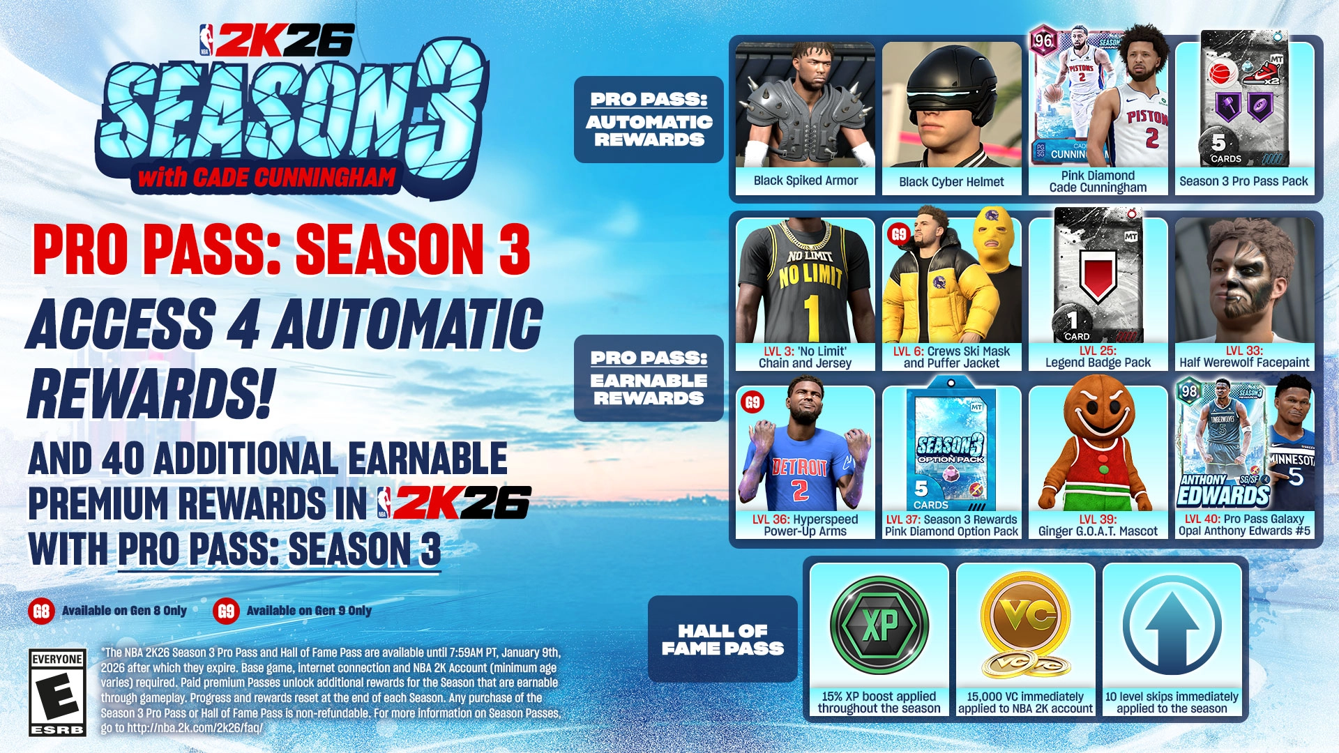NBA 2K26 Season 3 promo featuring Cade Cunningham, Pro Pass rewards, and festive MyCAREER items