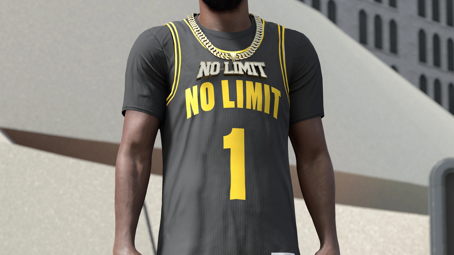 Basketball player wearing a black and yellow "No Limit" jersey with the number 1 and a gold chain