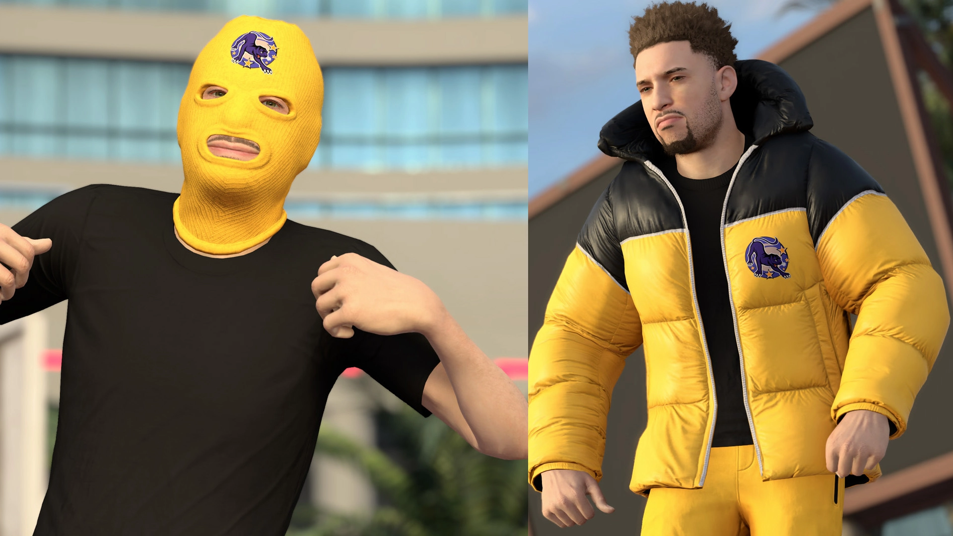 Two NBA 2K26 characters in yellow outfits, one in a ski mask, the other in a puffer jacket