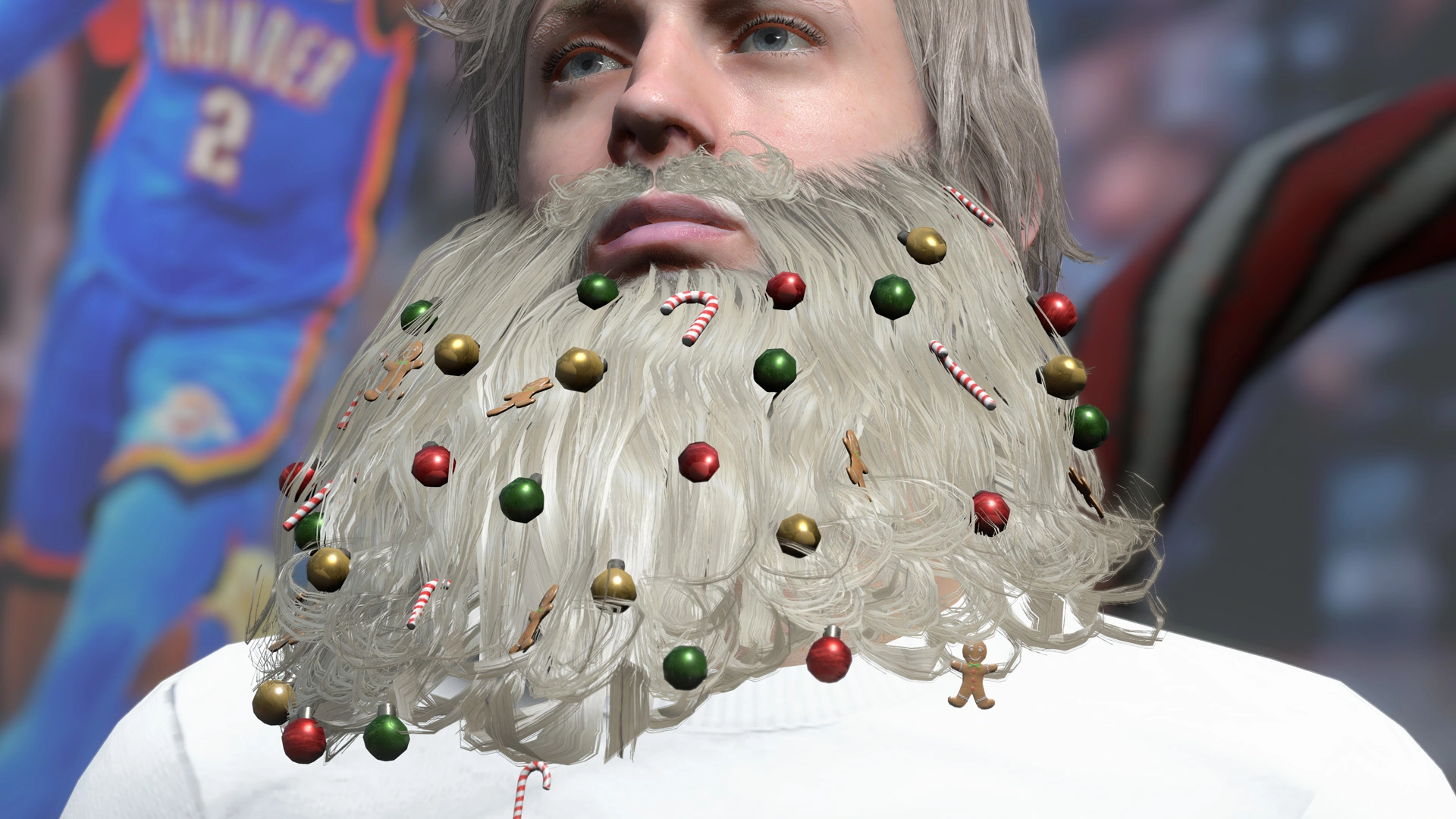 Close-up of a festive beard adorned with colorful ornaments and candy canes, capturing holiday spirit