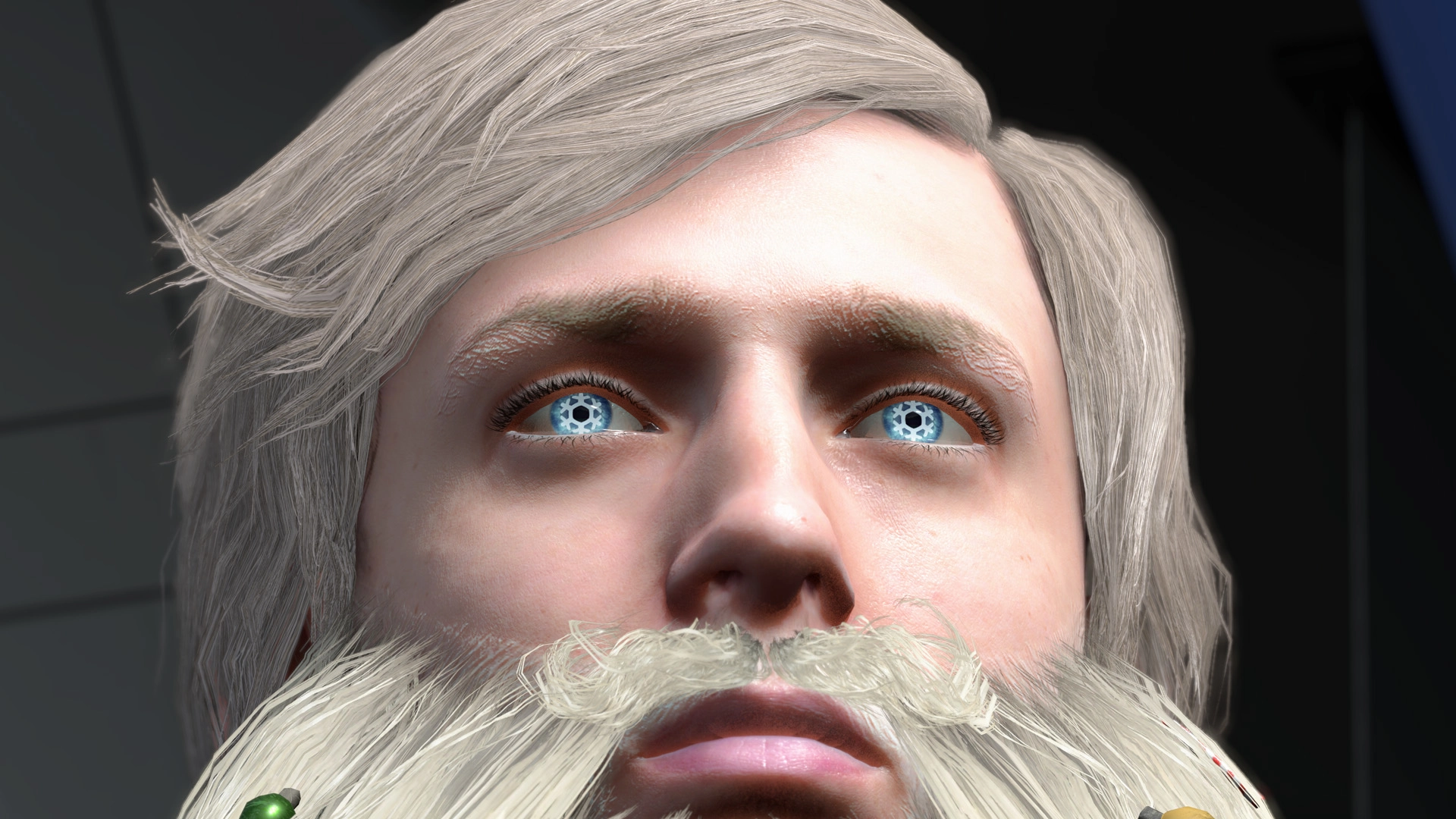 Close-up of a virtual character with white hair and beard, featuring bright blue eyes in NBA 2K26 Season 3