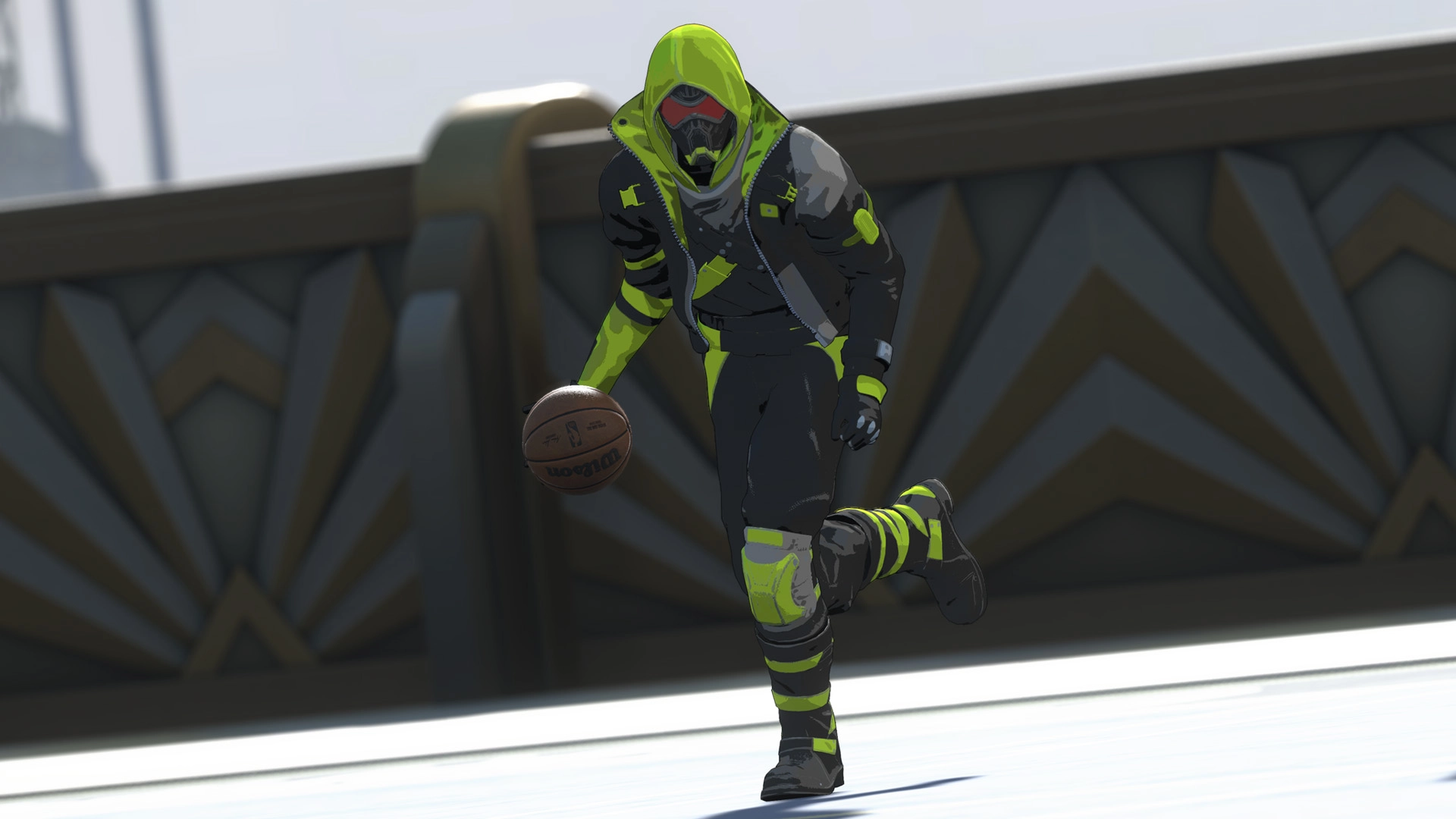 Stylish character in neon attire dribbles a basketball, showcasing NBA 2K26