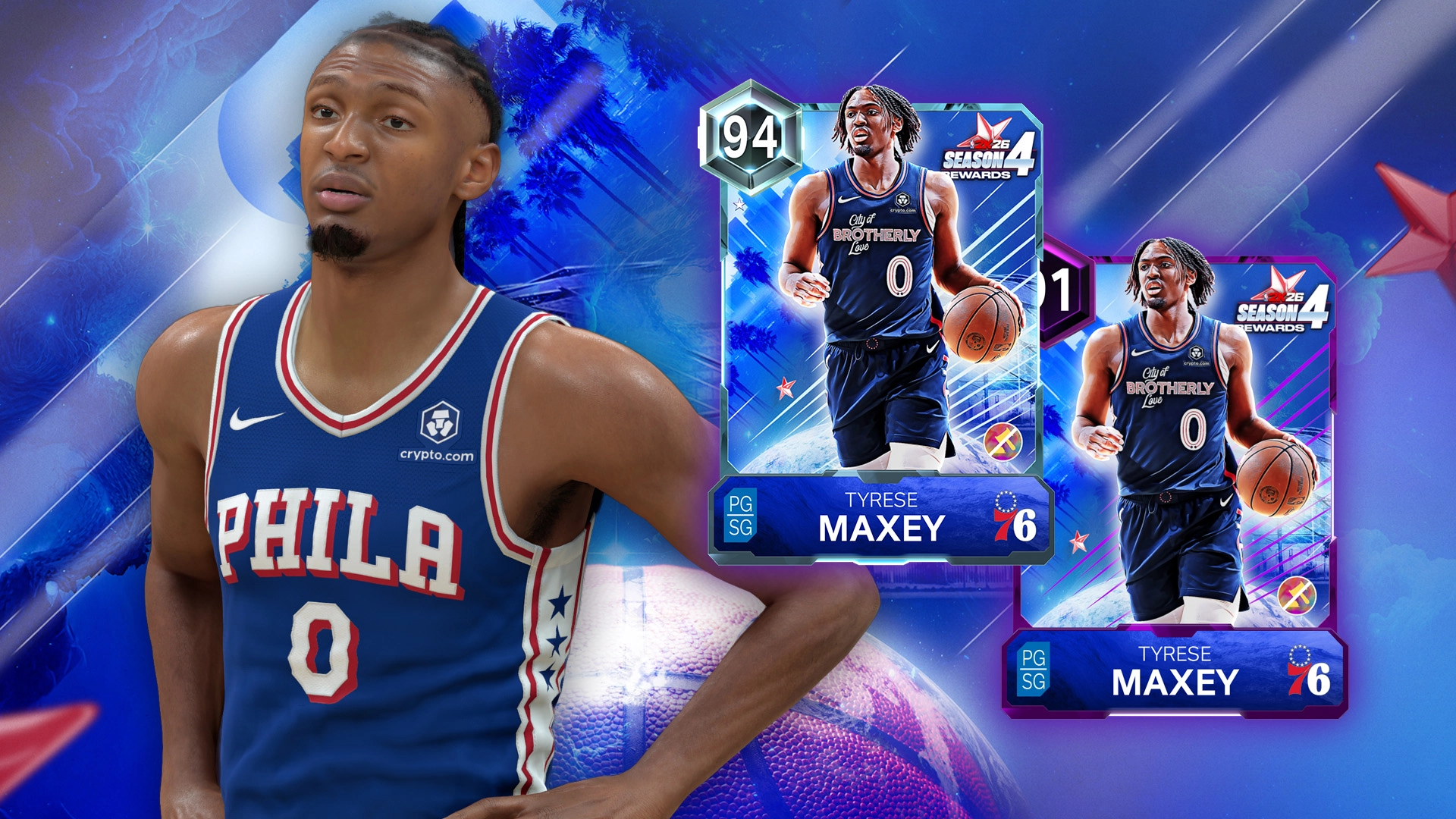 Tyrese Maxey featured in NBA 2K26, showcasing All-Star rewards and MyCAREER highlights in a vibrant, dynamic design.
