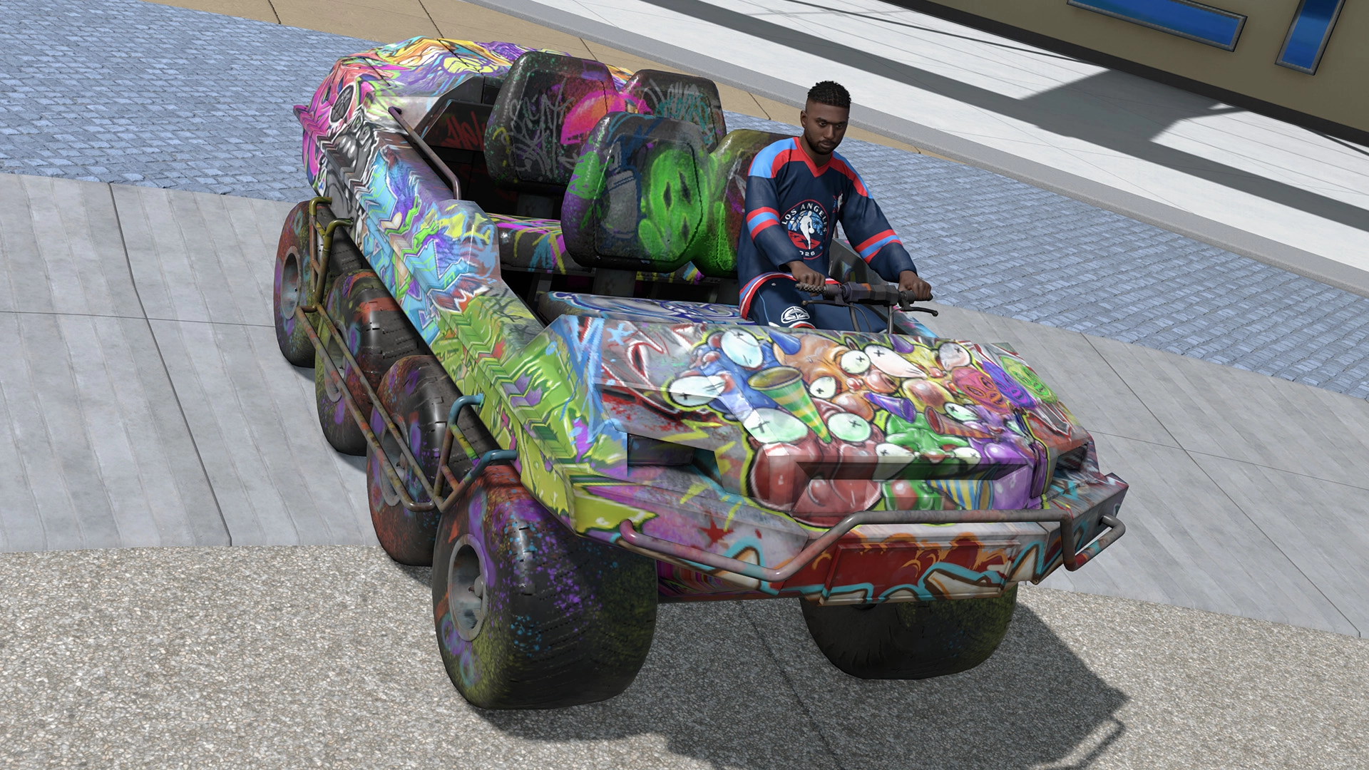 Colorful, graffiti-style vehicle driven by a player in NBA gear at a vibrant urban setting, highlighting NBA 2K26