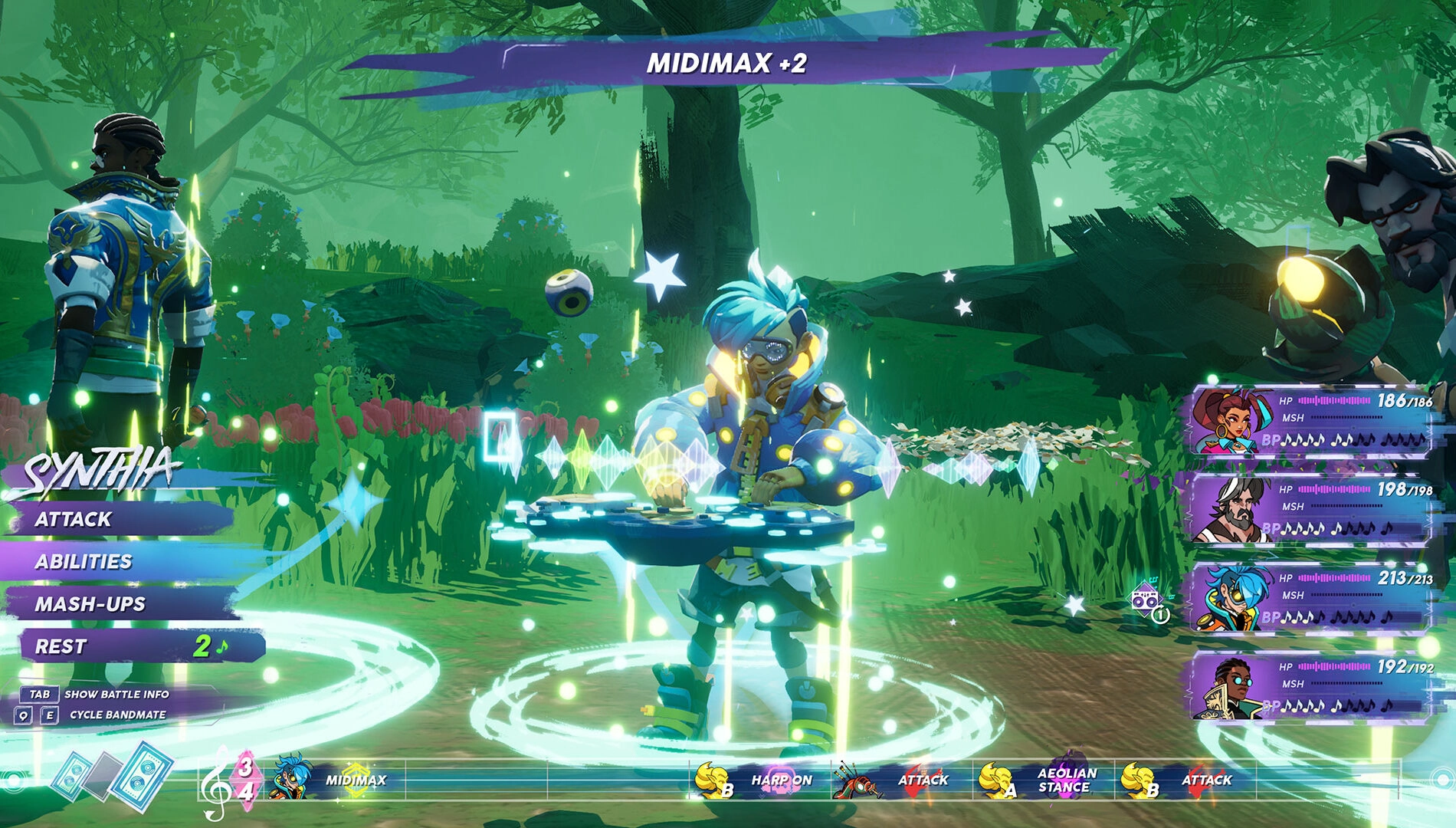 Character in vibrant outfit plays a futuristic instrument in a lush, mystical forest setting, engaging in battle