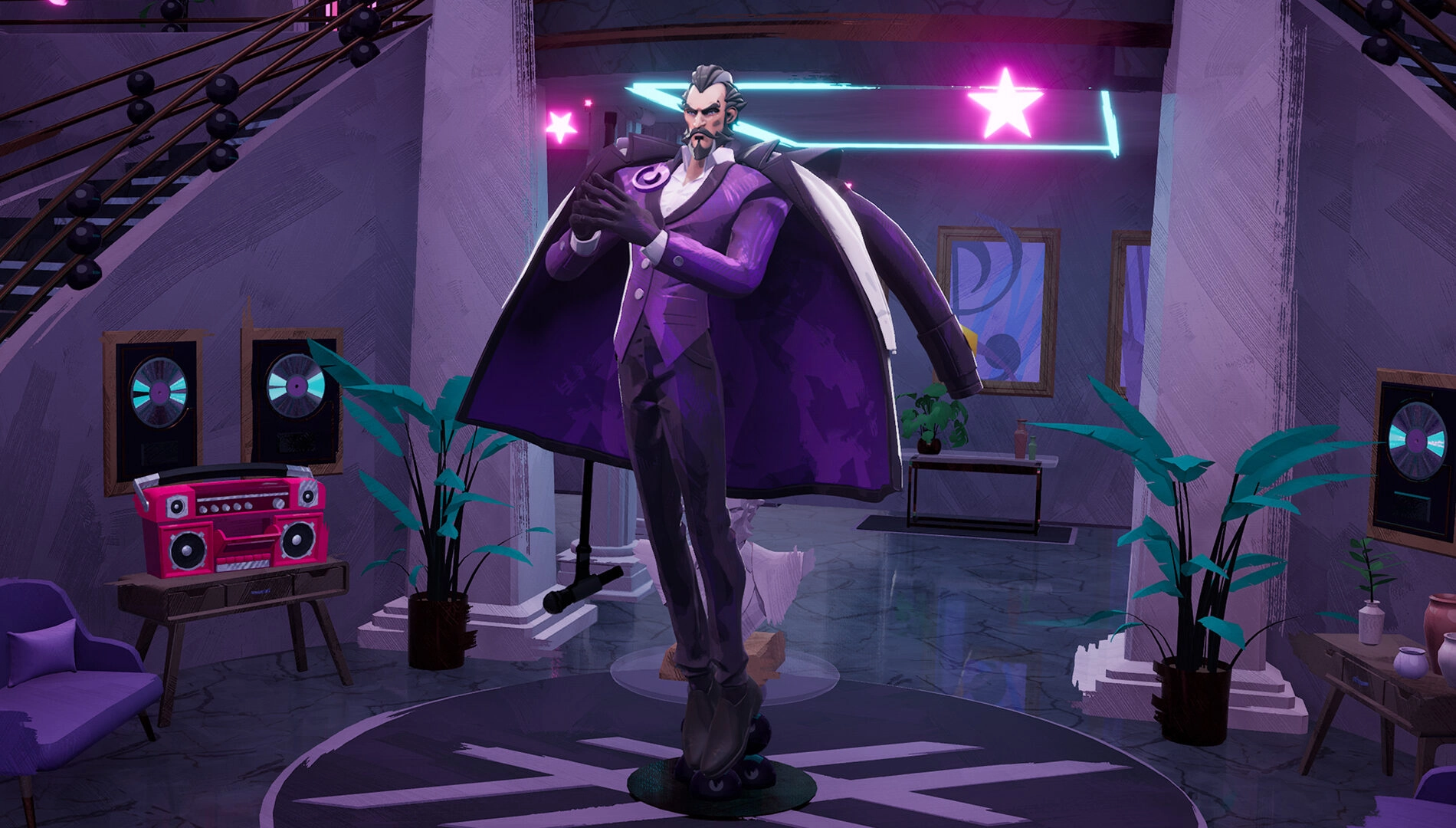 A character in a purple suit and cape stands in a stylish room with neon lights and music decor