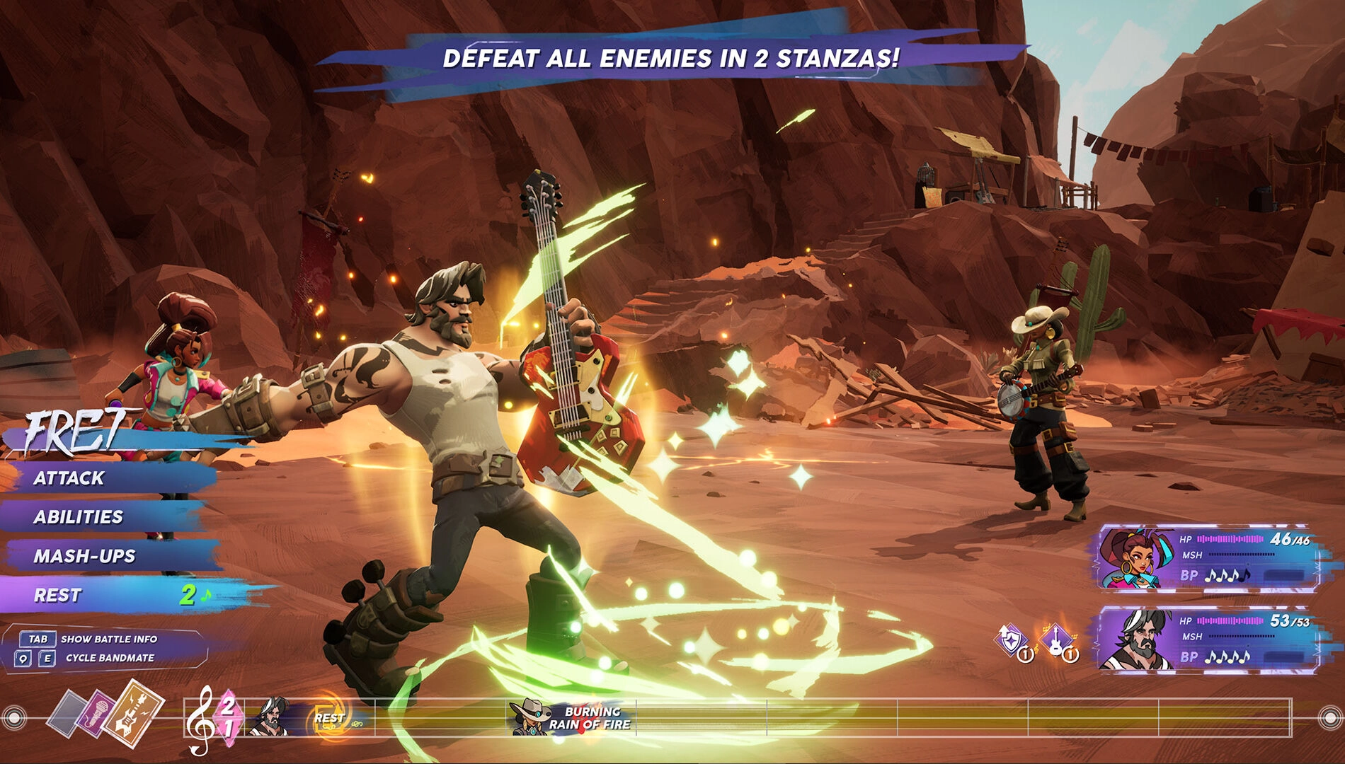 A dynamic battle scene from People of Note RPG, featuring Fret wielding a guitar in a desert setting