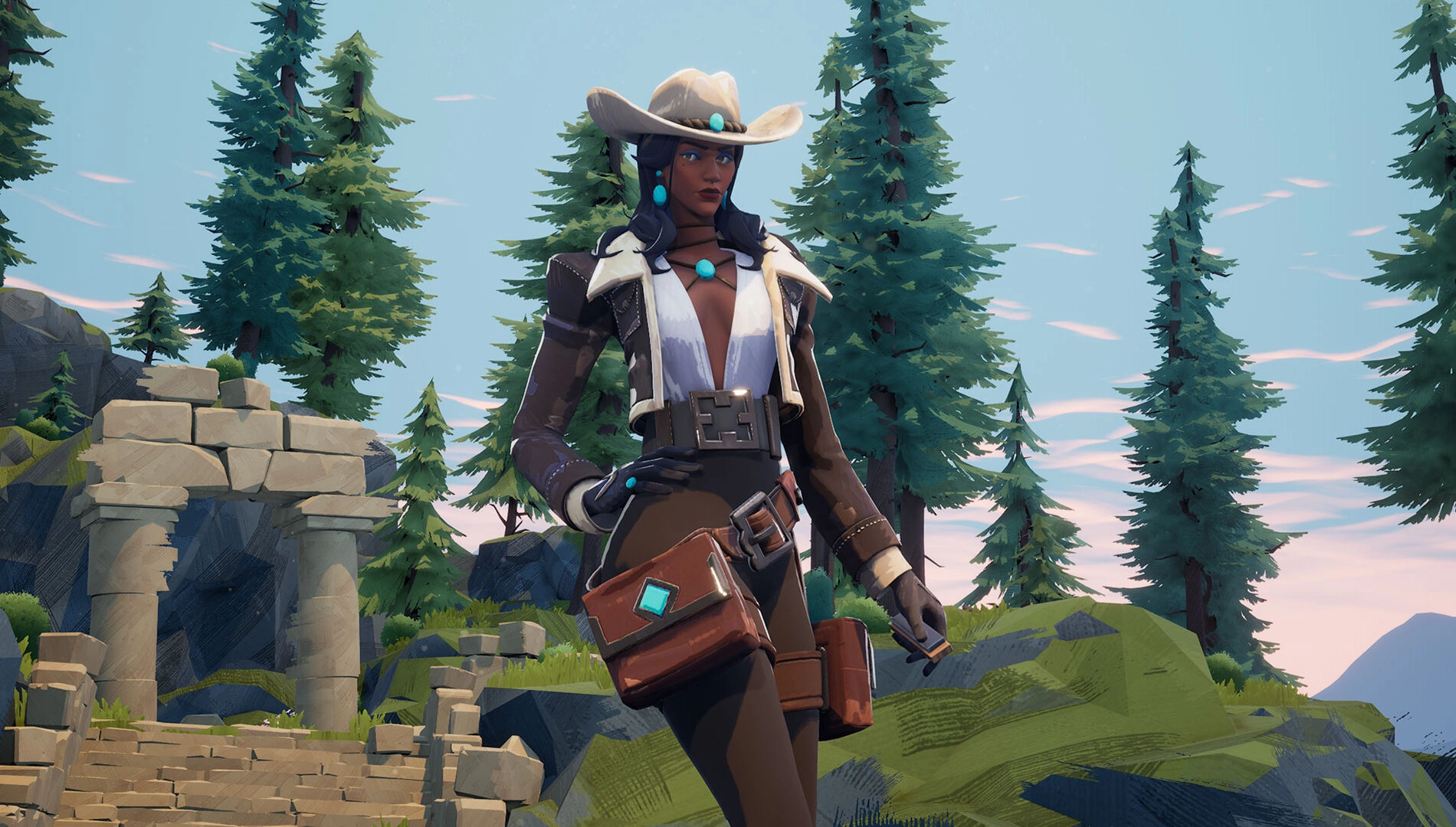 A character in a cowboy hat stands confidently in a lush forest, surrounded by ancient ruins