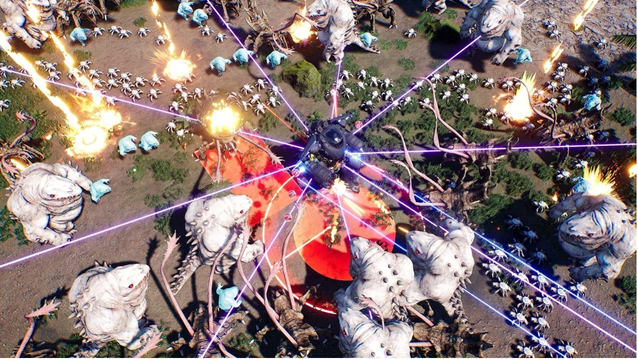 Aerial view of intense battle in Greedland, featuring Titan Mechas and alien mutants amidst explosions