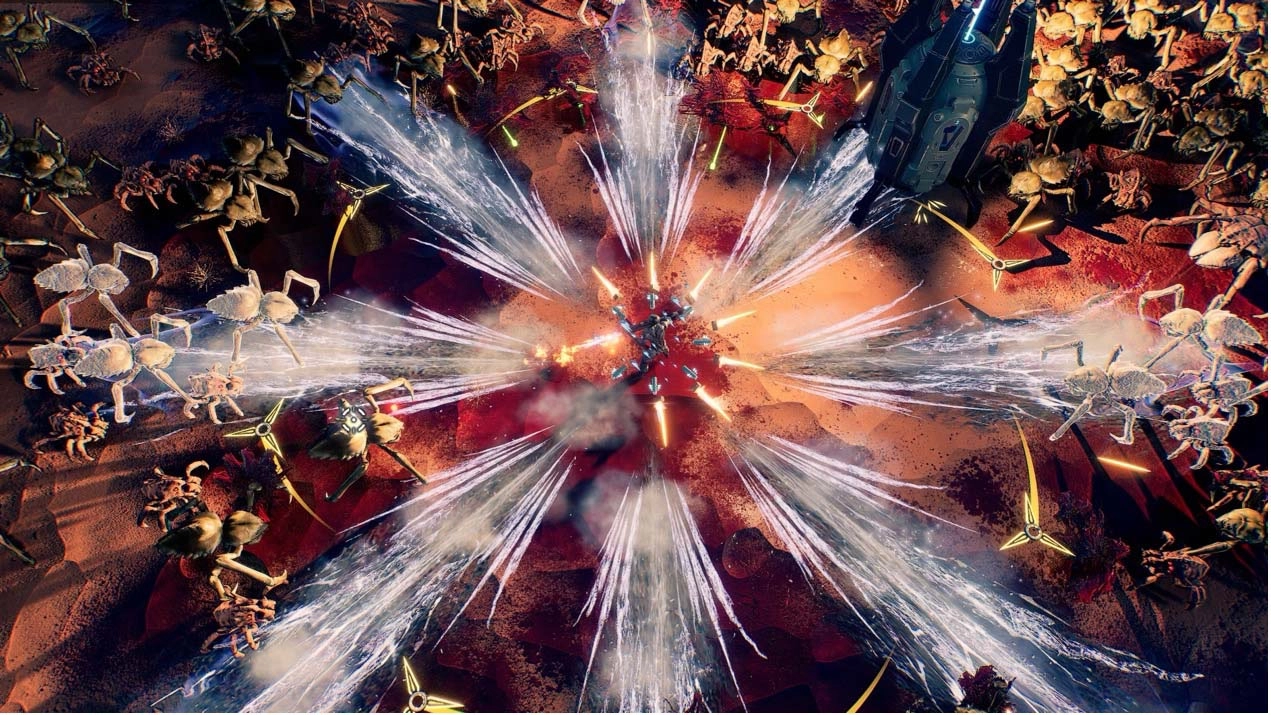 Aerial view of a battle scene in Greedland, featuring a character fighting off alien creatures with energy blasts