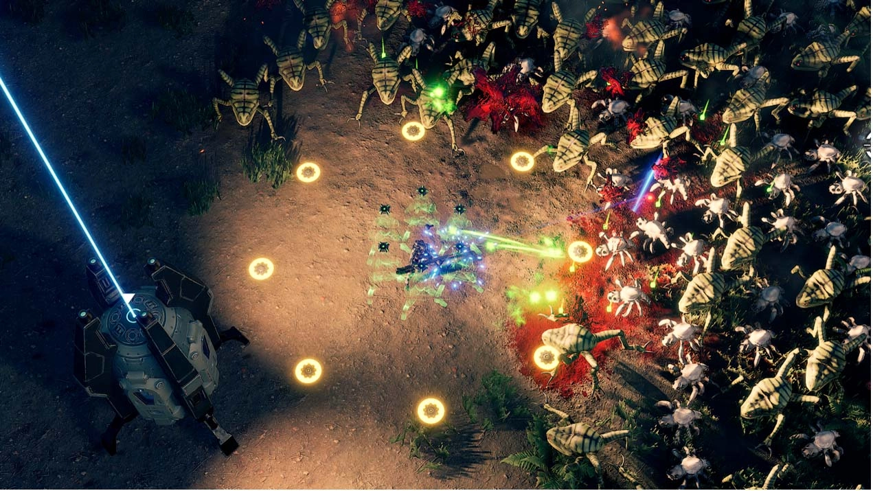 Commander battles alien swarm in Greedland's new Lava Area, surrounded by glowing markers and mechas