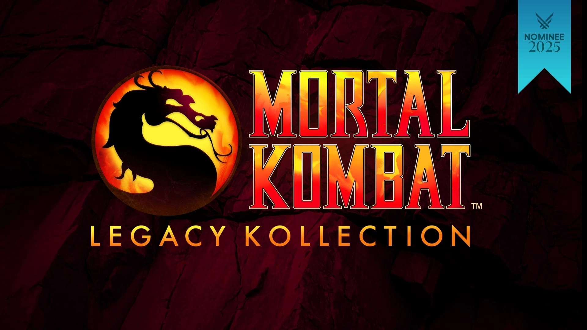 Mortal Kombat: Legacy Kollection logo with dragon emblem against a dark red background, Nominee 2025 badge