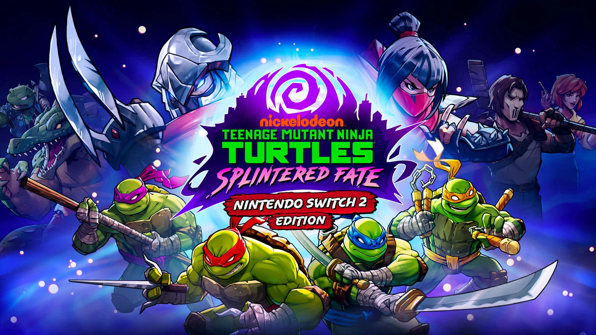 Teenage Mutant Ninja Turtles characters in action-packed poses, promoting Splintered Fate game for Switch 2