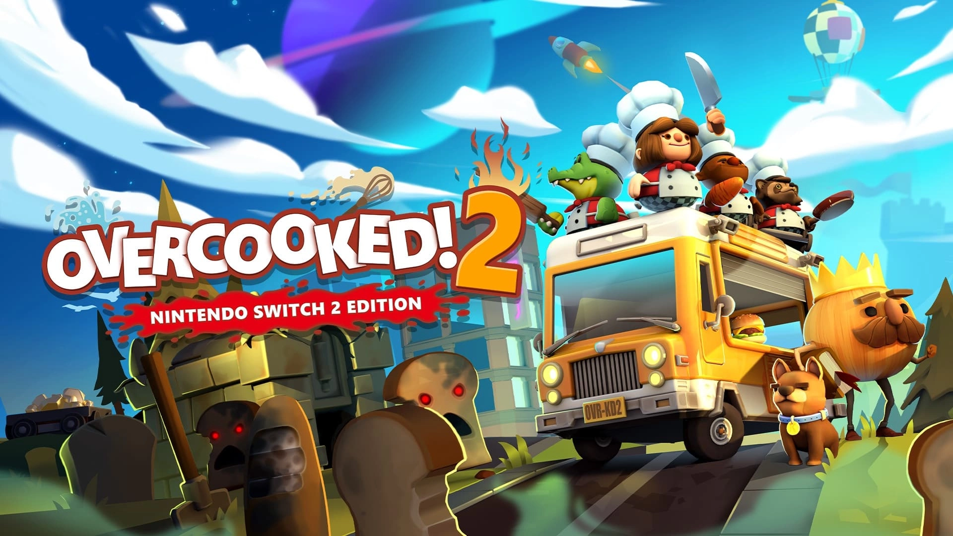 Chefs on a truck in a whimsical kitchen scene from Overcooked! 2, Nintendo Switch 2 Edition