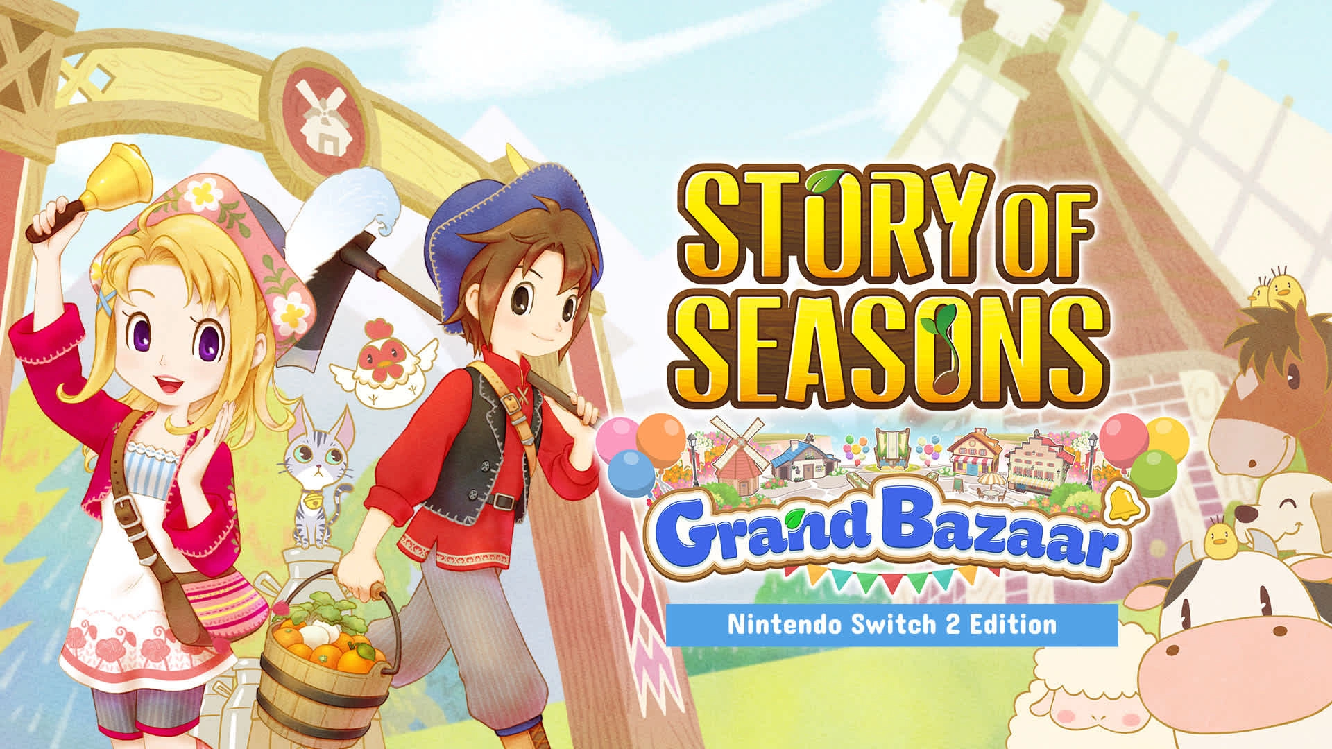 Two characters in colorful attire with farm animals, promoting Story of Seasons: Grand Bazaar game