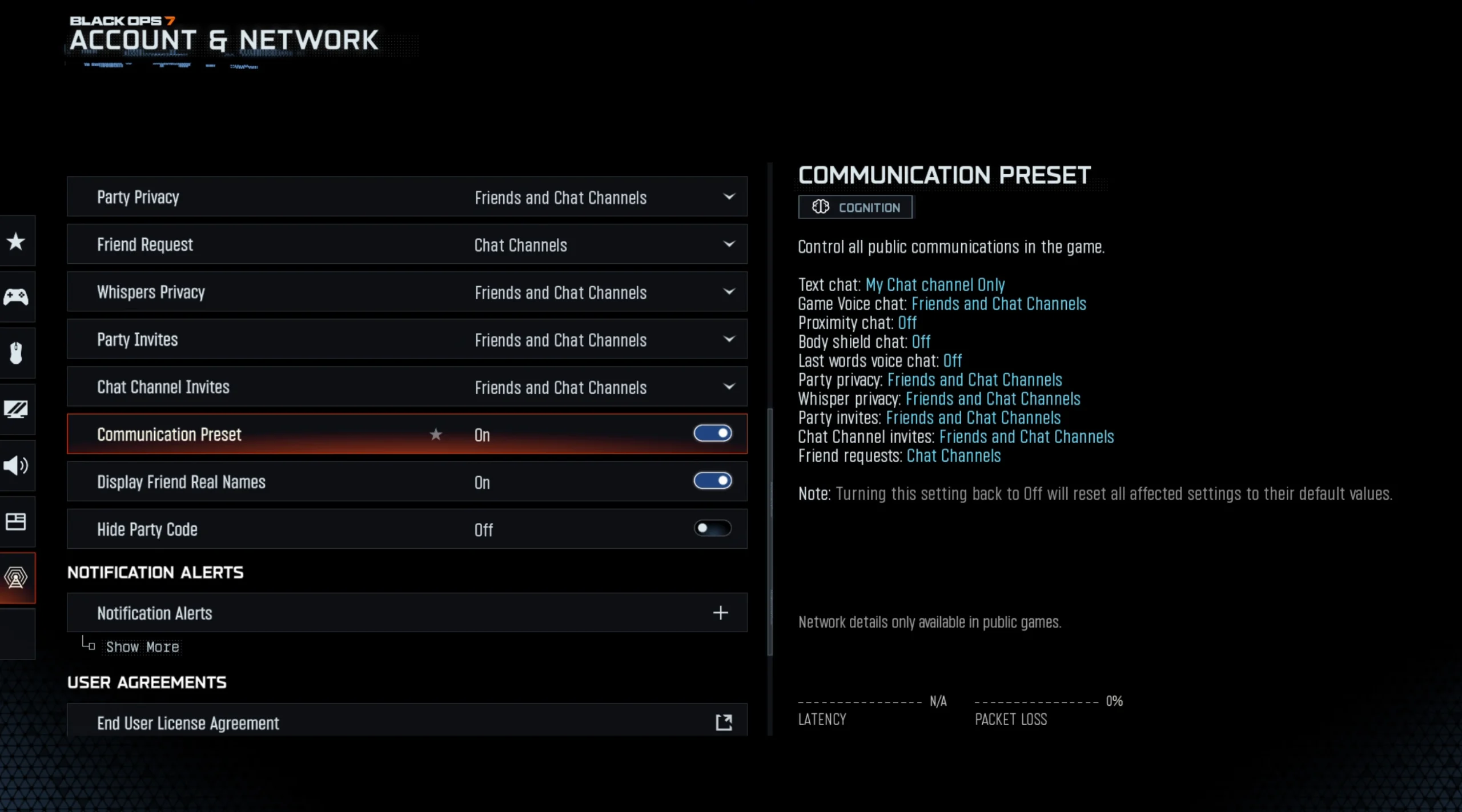 Call of Duty account settings for communication presets, promoting a fair gaming experience with chat control options.
