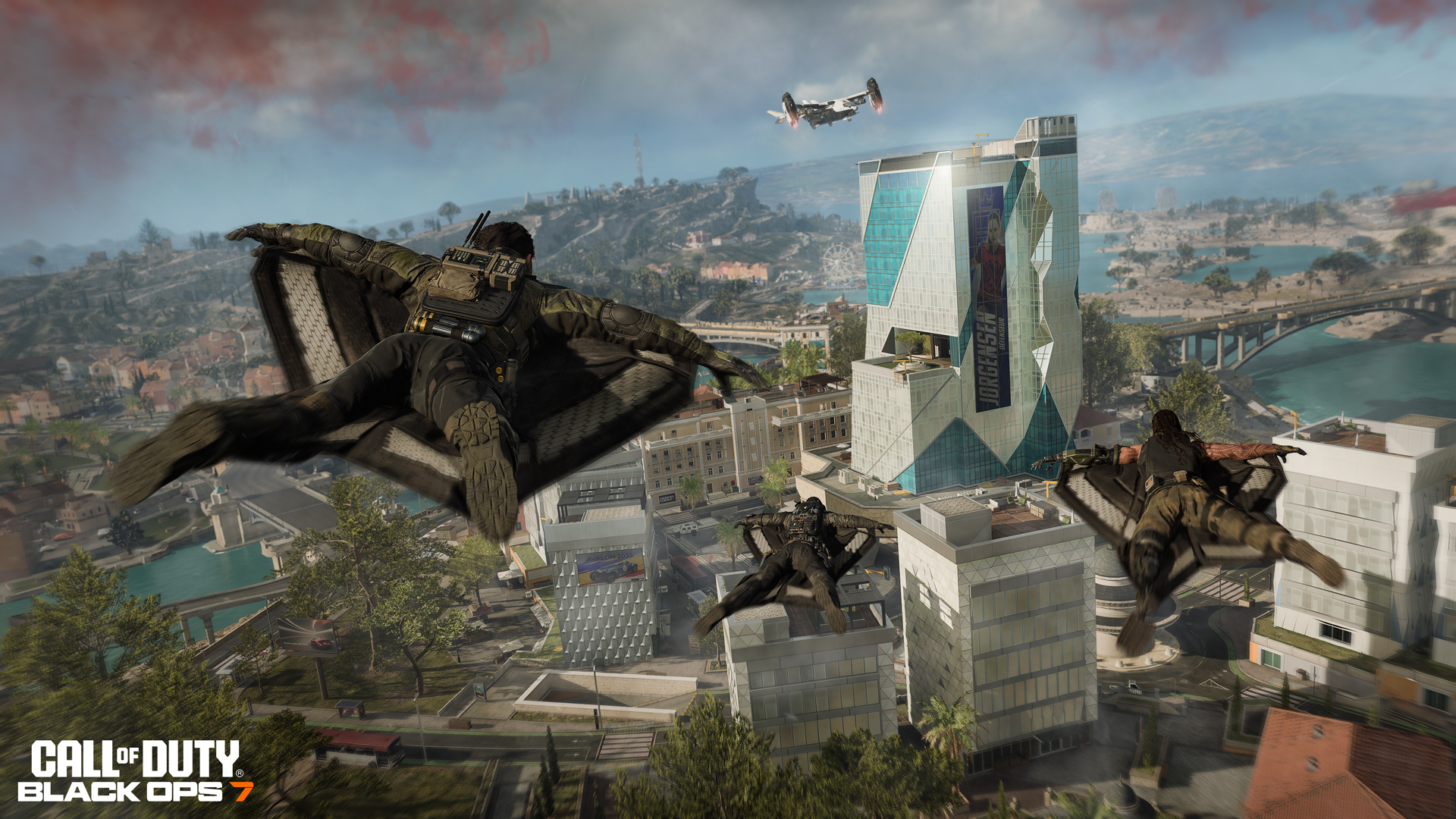 Players in wingsuits descend over a cityscape in Call of Duty: Black Ops 7, showcasing dynamic gameplay.