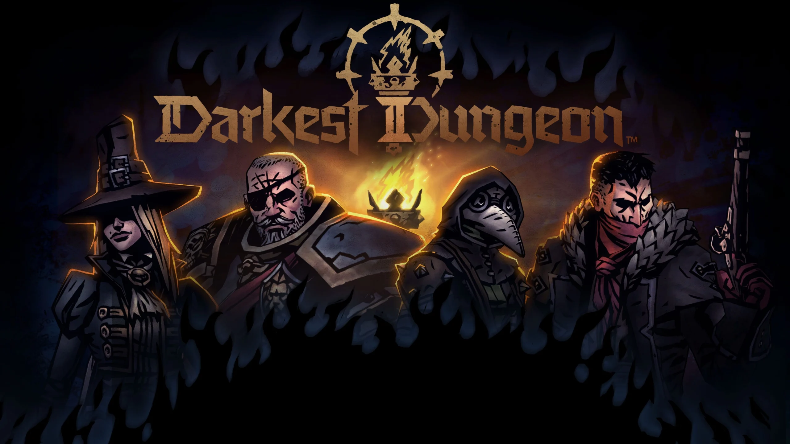Four stylized characters from Darkest Dungeon stand against a fiery backdrop, each with unique gear