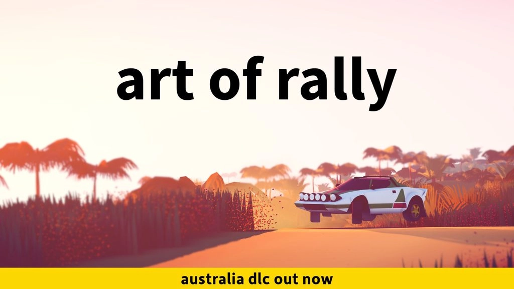 A rally car speeds through a scenic desert landscape under a clear sky, promoting the Australia DLC