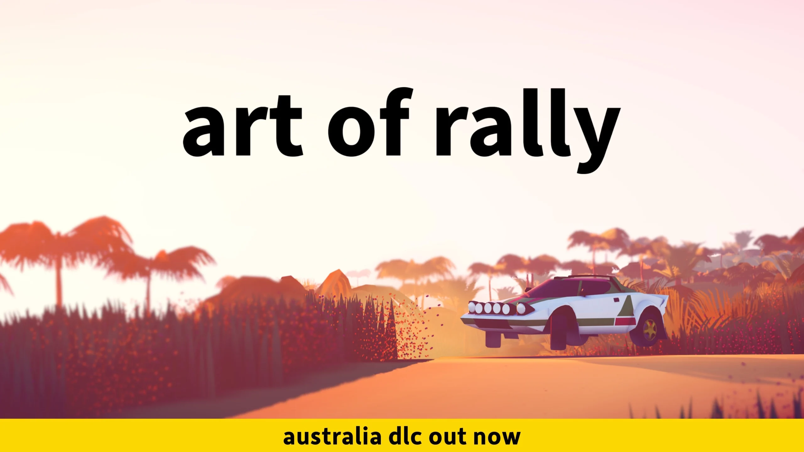 Rally car speeding through a vibrant desert landscape with palm trees, promoting Australia DLC release