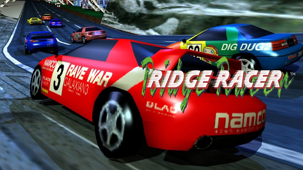 Arcade racing cars speed on a winding track, featuring vibrant colors and Ridge Racer branding